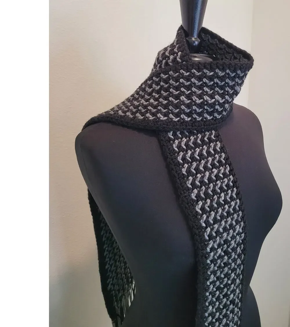 Handmade Crochet Scarf Black Gray Fringe Cozy Winter 70